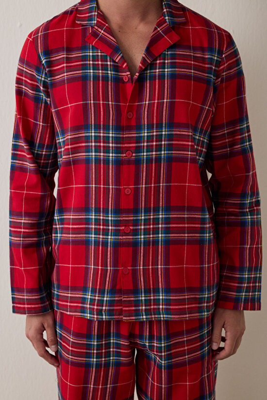 Kırmızı Erkek Ekose Desenli Uzun Kollu Gömlek Pijama Takımı - 7