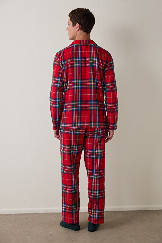 Kırmızı Erkek Ekose Desenli Uzun Kollu Gömlek Pijama Takımı - 8