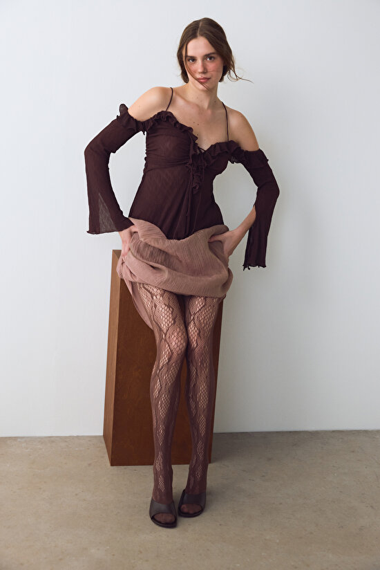 Kestane Yılan Desenli File Külotlu Çorap - 4