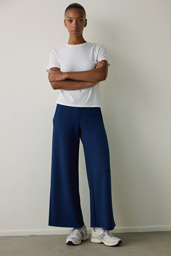 Navy Blue High Waist Elastic Waist Wide Leg Trousers Navy Blue High Waist Elastic Waist Wide Leg Trousers - 4