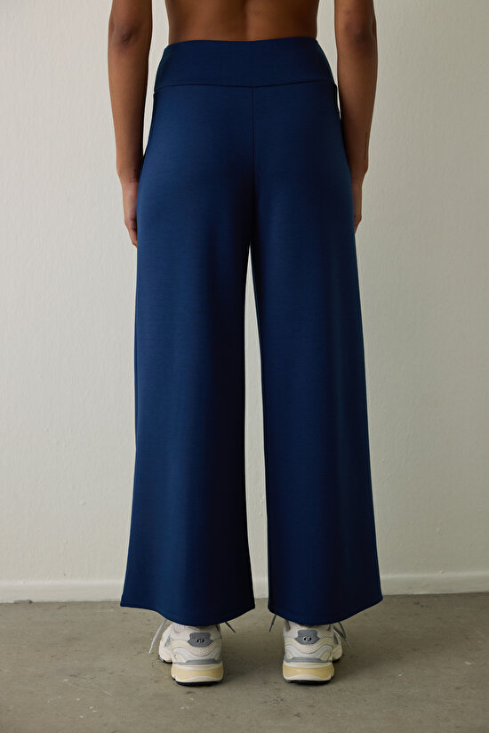 Navy Blue High Waist Elastic Waist Wide Leg Trousers Navy Blue High Waist Elastic Waist Wide Leg Trousers - 5