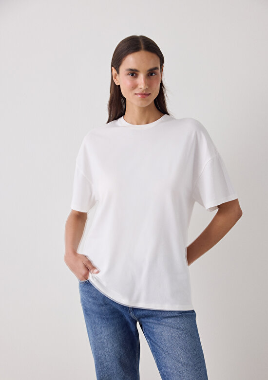 Off White Crew Neck Basic Oversize T-Shirt - 3