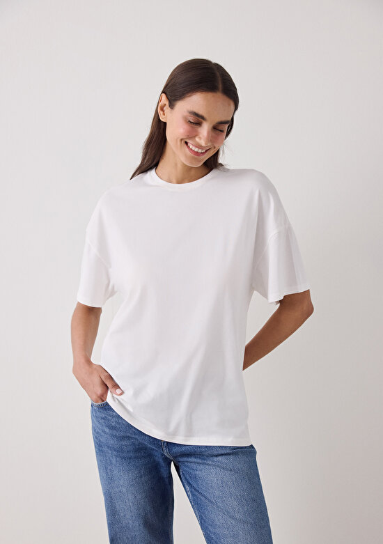 Off White Crew Neck Basic Oversize T-Shirt - 4