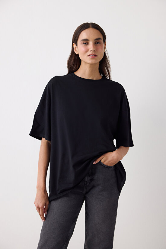 Black Basic Oversize Crew Neck T-Shirt - 3