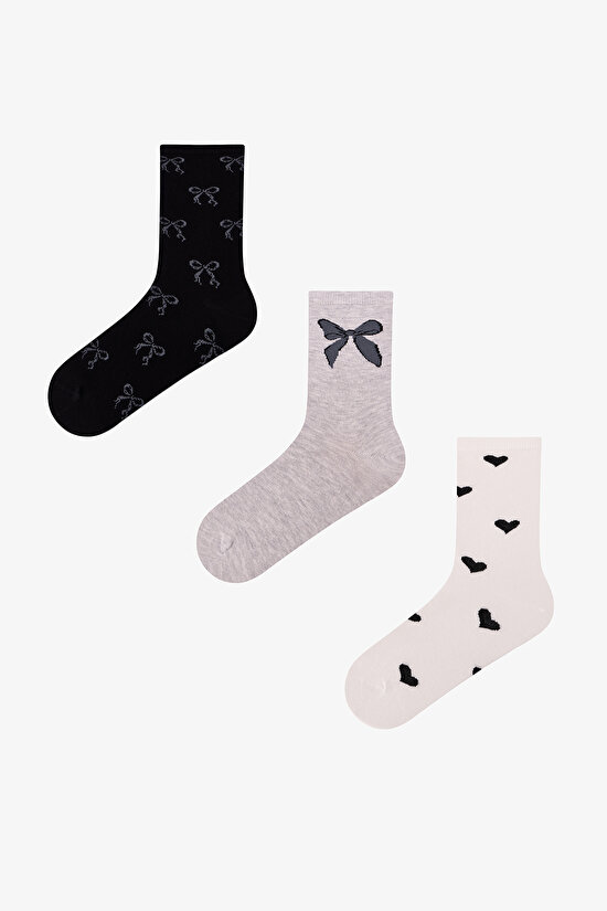 Gri Ribbon Heart Fiyonk Desenli Pamuklu 3 Çift Soket Çorap - 1