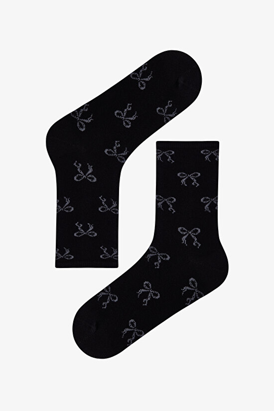Gri Ribbon Heart Fiyonk Desenli Pamuklu 3 Çift Soket Çorap - 2
