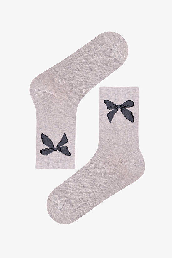 Gri Ribbon Heart Fiyonk Desenli Pamuklu 3 Çift Soket Çorap - 3