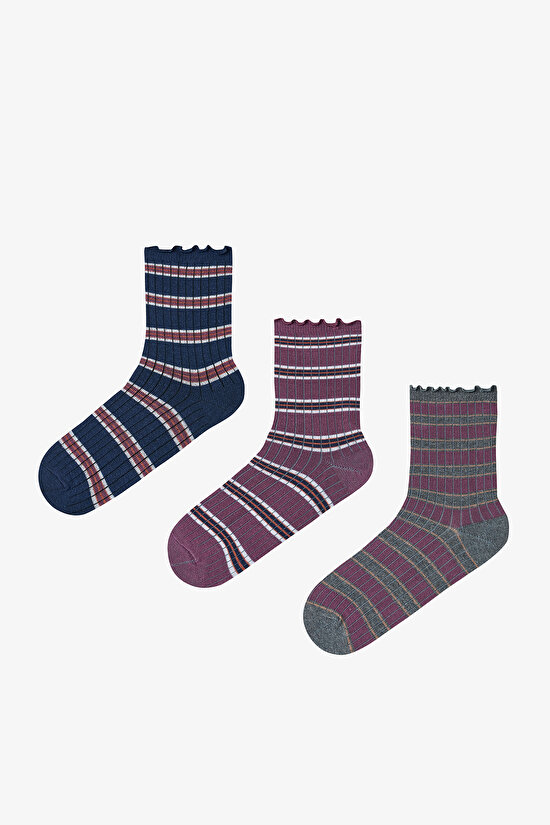 Kahve Lacivert Ruffled Stripe 3lü Soket Çorap - 1