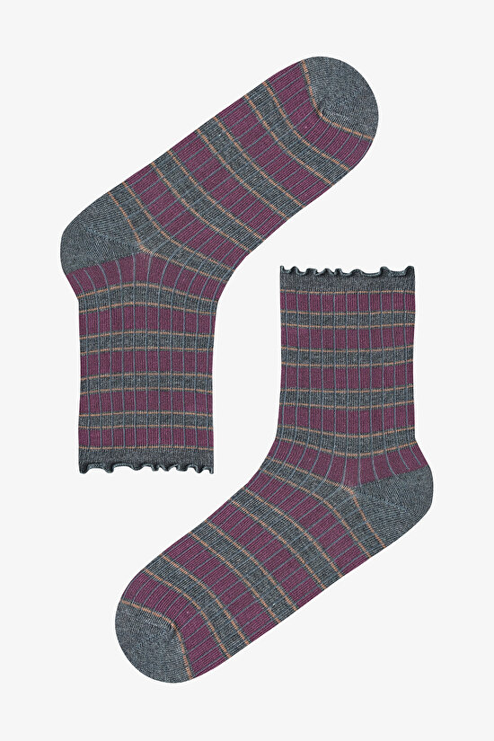 Kahve Lacivert Ruffled Stripe 3lü Soket Çorap - 2