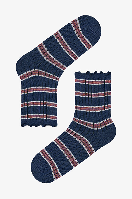 Kahve Lacivert Ruffled Stripe 3lü Soket Çorap - 4