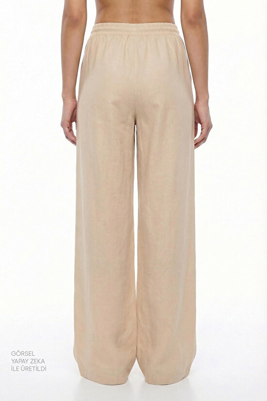 Bej Keten Yüksek Bel Pantolon - 3