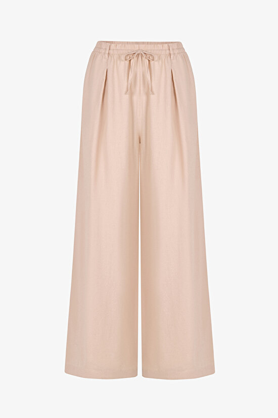 Bej Keten Yüksek Bel Pantolon - 4