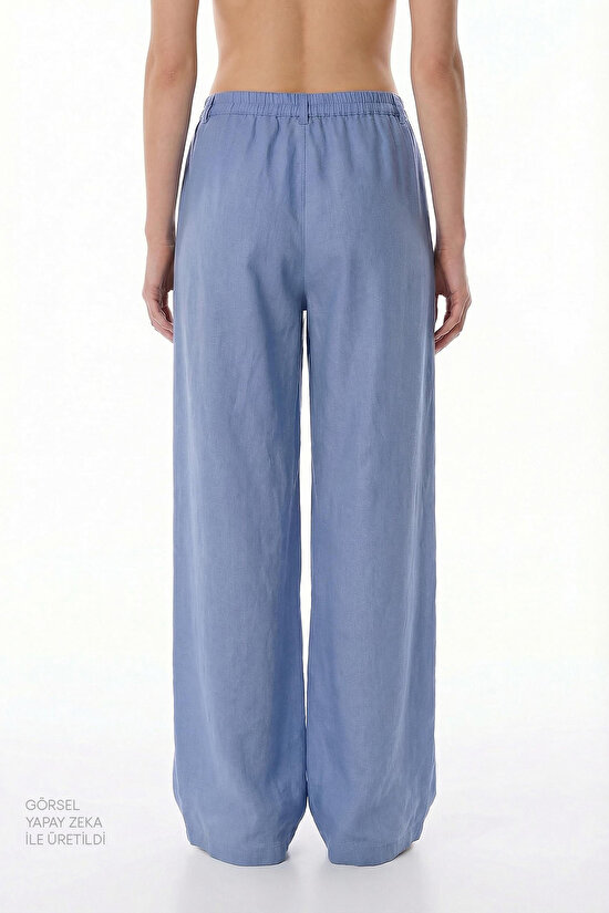 Mavi Keten Yüksek Bel Pantolon - 3