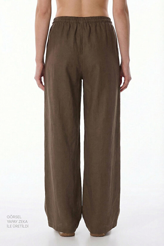 Khaki Linen High-Waisted Pants - 3