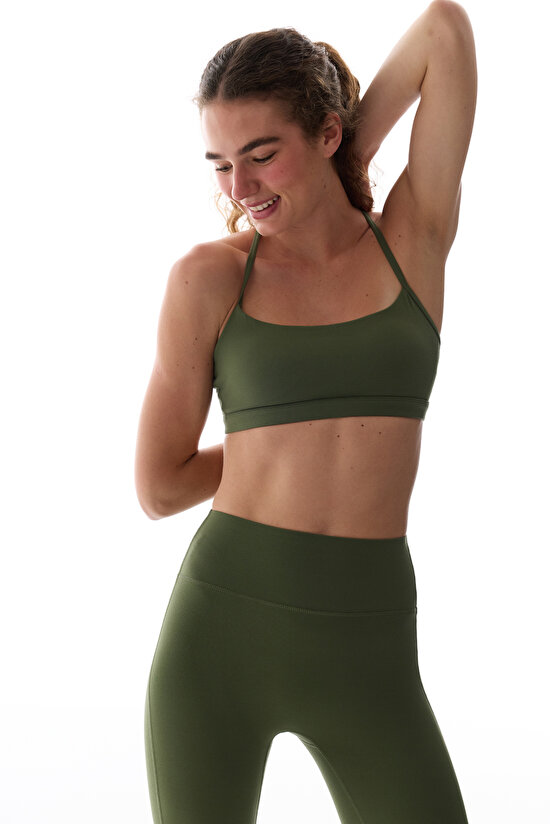 LYCRA Koyu Yeşil Cream Hafif Destek Çıkarılabilir Pedli Racerback Spor Sütyeni - 1