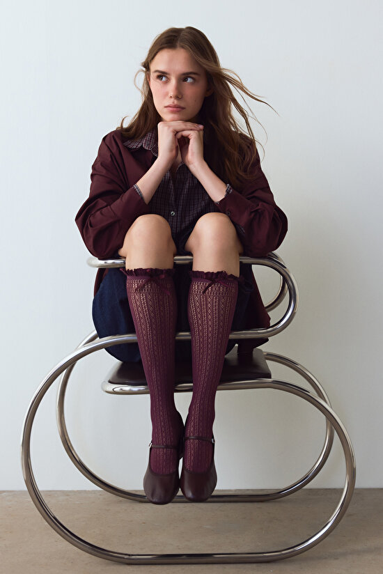 Plum Bow Detailed Ribbon Patterned Fishnet Pant Socks - 3