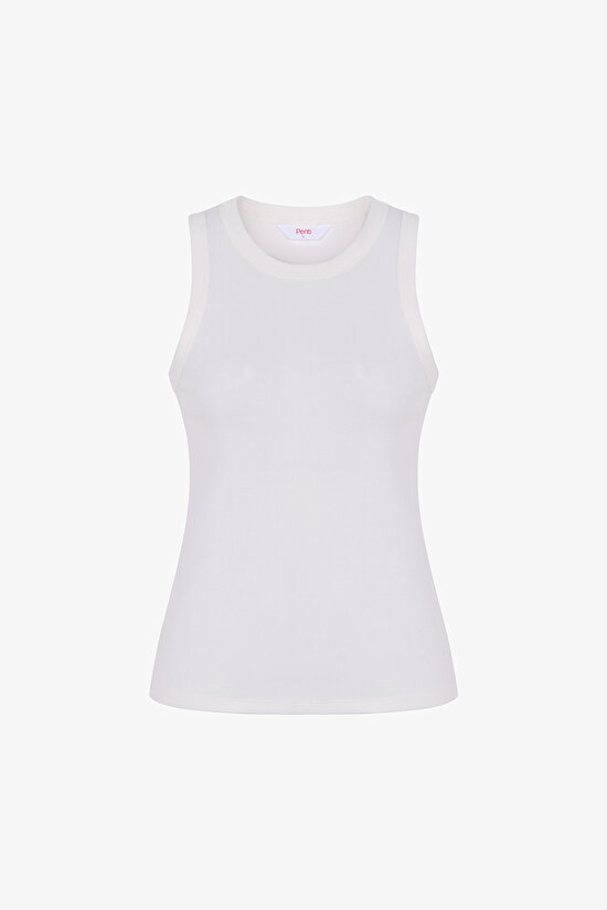 Off White Halter Neck Rib Tank Top - 1