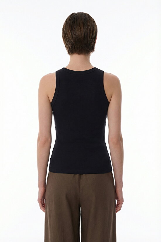 Black Halter Neck Rib Tank Top - 3