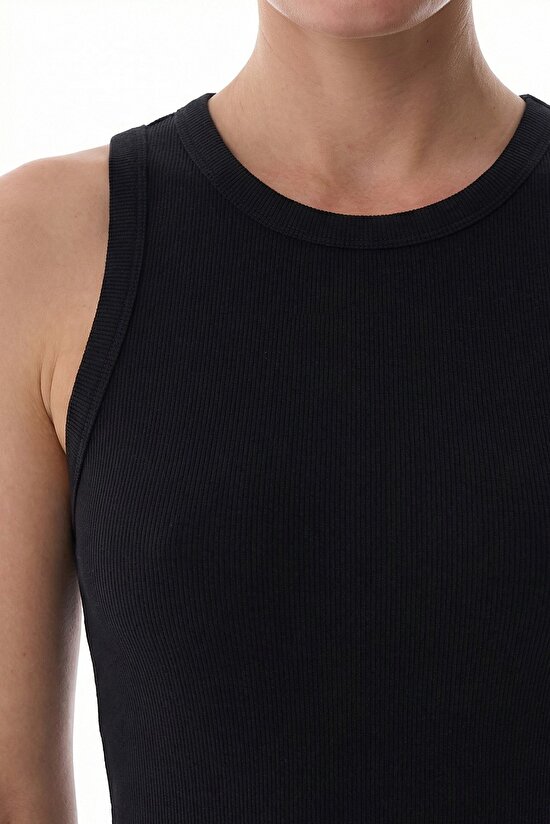 Black Halter Neck Rib Tank Top - 4