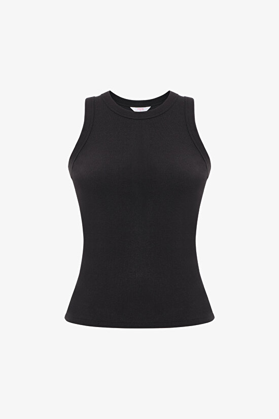 Black Halter Neck Rib Tank Top - 5