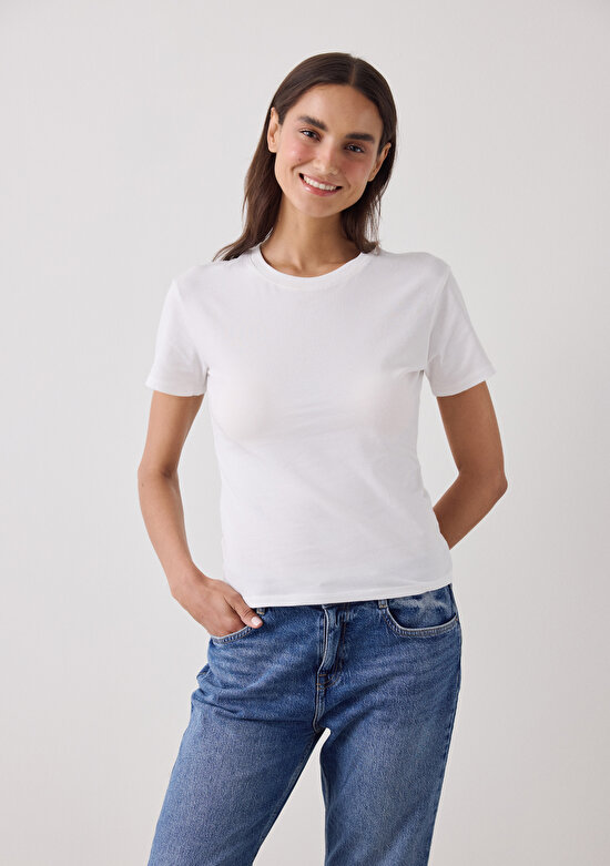 Kırık Beyaz Essential Slim Fit Kısa Kollu Tişört - 3