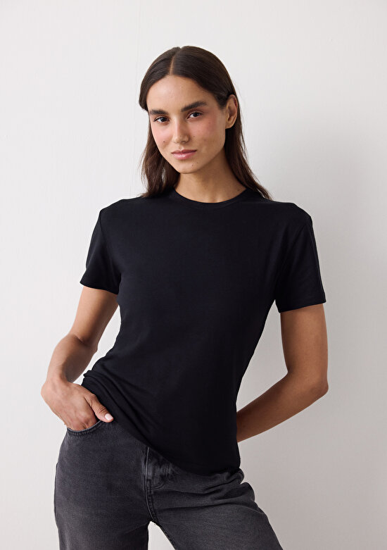 Siyah Bisiklet Yaka Slim Fit Pamuklu Tişört - 3