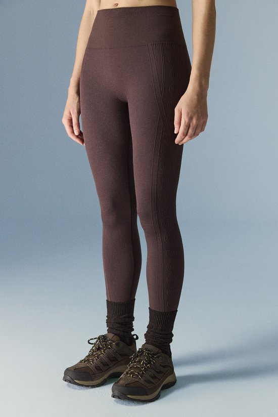 Brown Base Layer Cable Knit Seamless Leggings - 1