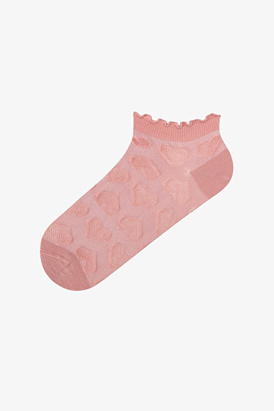 3 Çift Burun Dikişsiz Pamuklu Renkli Kendinden Kalp Desenli Fırfırlı Patik Çorap - 3