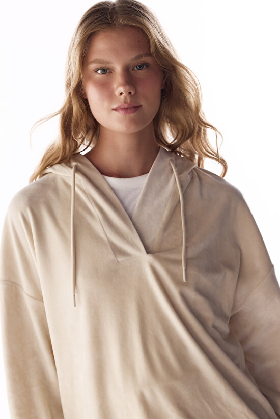 Beige Soft Velvet V Neck Long Sleeve Sweatshirt - 2