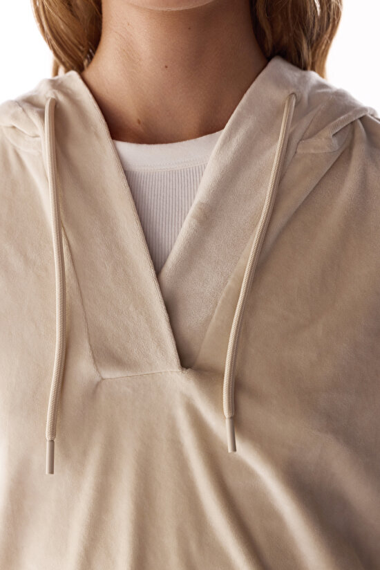 Beige Soft Velvet V Neck Long Sleeve Sweatshirt - 3