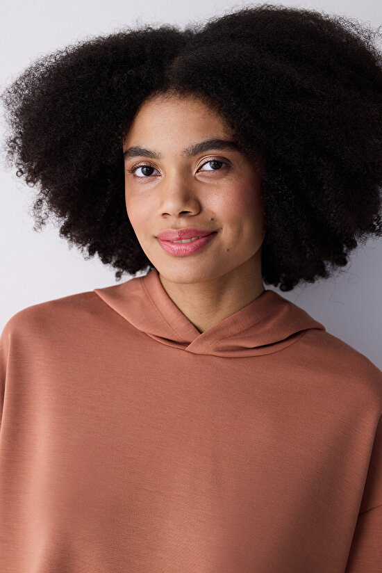 Açık Kahve Kapüşonlu Silky Touch Sweatshirt - 3