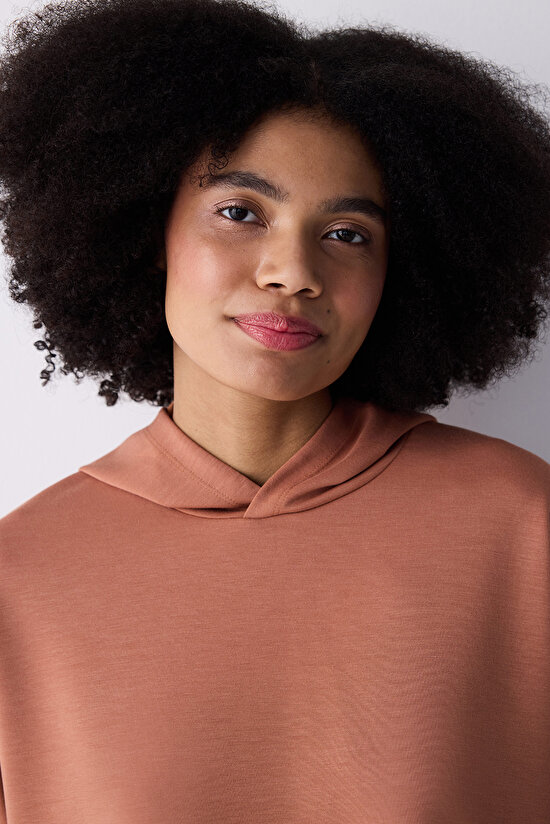 Açık Kahve Kapüşonlu Silky Touch Sweatshirt - 4