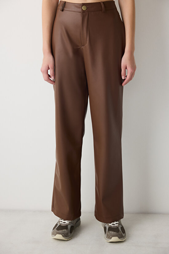 Açık Kahverengi Yüksek Bel Straight Deri Pantolon - 3