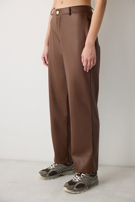 Açık Kahverengi Yüksek Bel Straight Deri Pantolon - 4