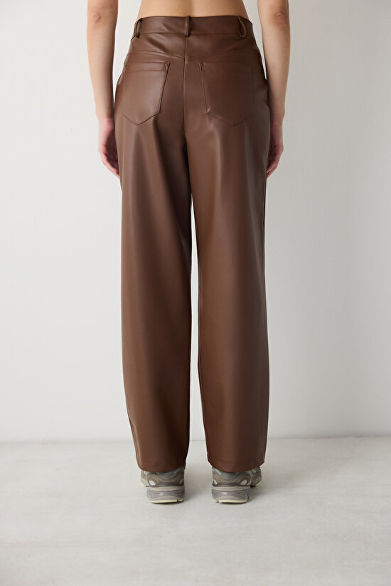 Açık Kahverengi Yüksek Bel Straight Deri Pantolon - 5