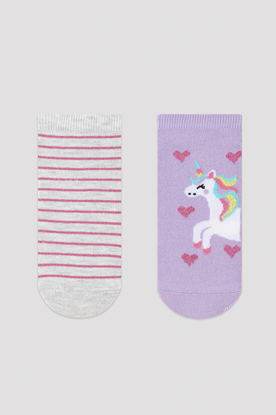 Kız Çocuk Lila Unicorn Kalp Desenli 2li Patik Çorap - 1