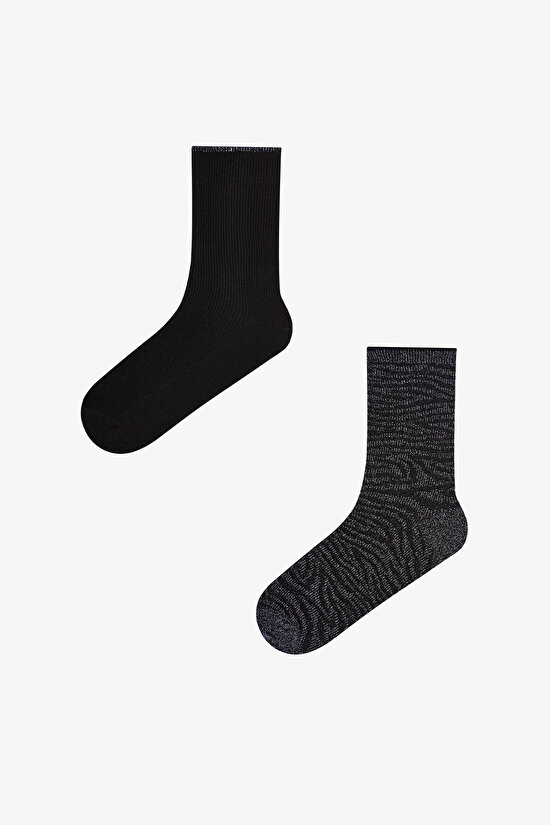 Black Shiny Zebra Cotton Glitter 2 Pack Ankle Socks - 1