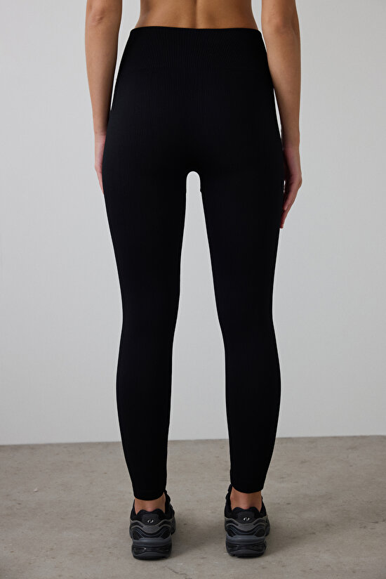 Black Seamless Ribbed Warm High Waist Leggings - 4