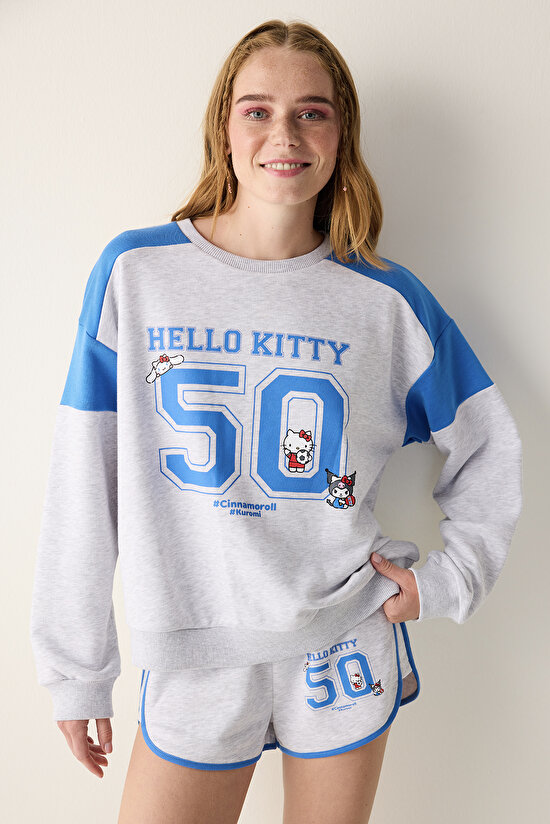 Gri Melanj Bisiklet Yaka Sanrio Baskı Sweatshirt - 1