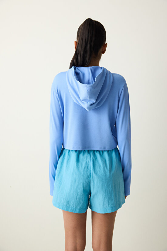 Mavi Kapüşonlu Hafif Kapüşonlu Üst - 7