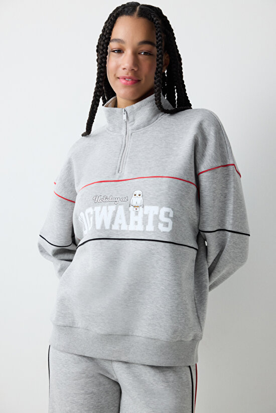 Gri Melanj Yarım Fermuarlı Harry Potter Baskılı Sweatshirt - 3