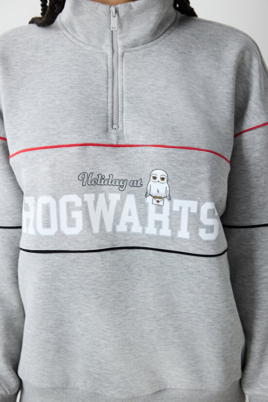 Gri Melanj Yarım Fermuarlı Harry Potter Baskılı Sweatshirt - 4