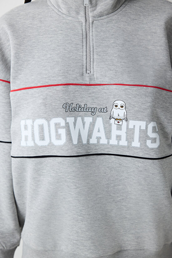 Gri Melanj Yarım Fermuarlı Harry Potter Baskılı Sweatshirt - 5