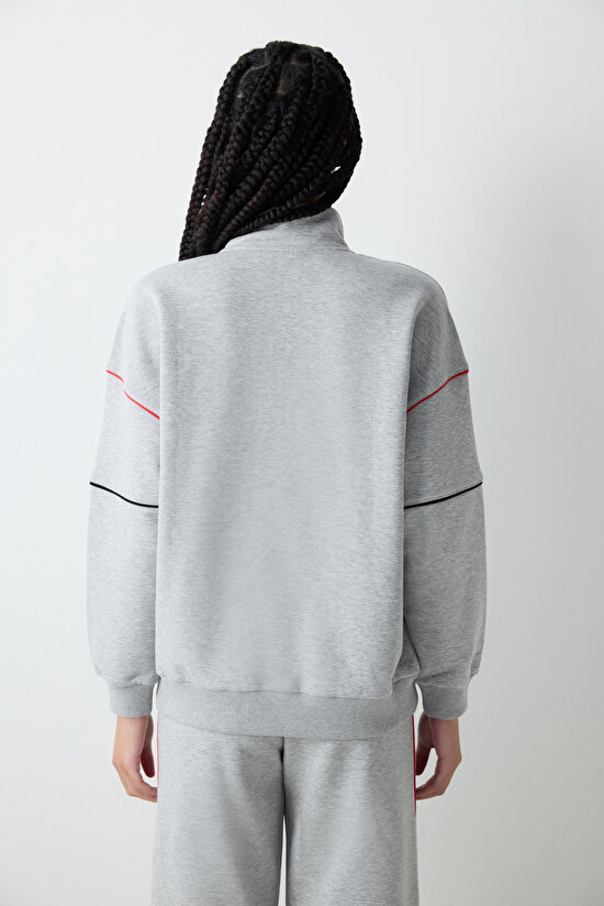 Gri Melanj Yarım Fermuarlı Harry Potter Baskılı Sweatshirt - 6