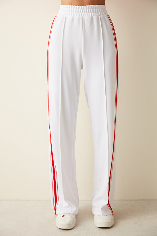 Beyaz Orta Bel Yanları Çizgi Detaylı Pantolon - 1