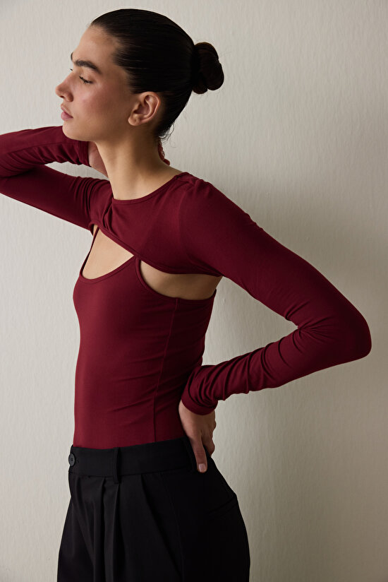 Burgundy Crew Neck Long Sleeve Window Detail Bodysuit - 3