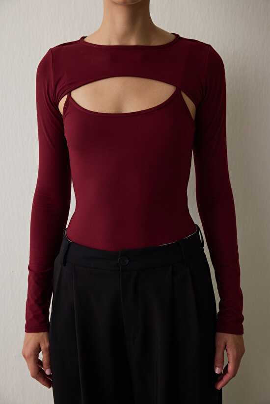 Burgundy Crew Neck Long Sleeve Window Detail Bodysuit - 5
