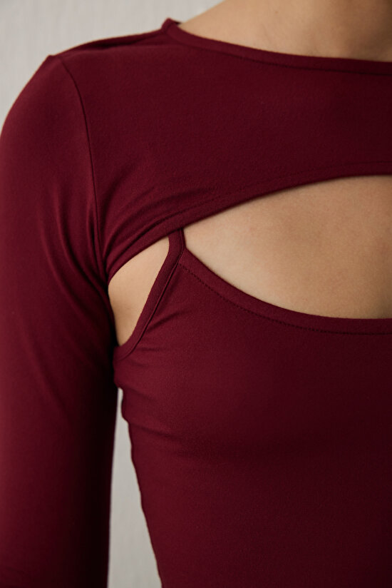 Burgundy Crew Neck Long Sleeve Window Detail Bodysuit - 6