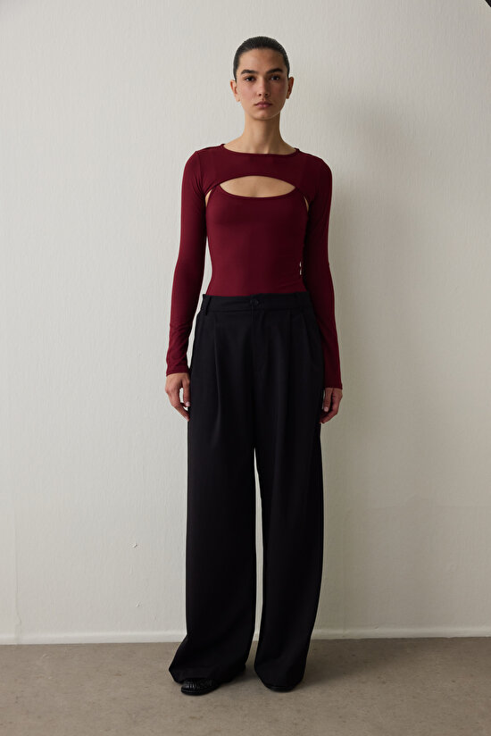 Burgundy Crew Neck Long Sleeve Window Detail Bodysuit - 8