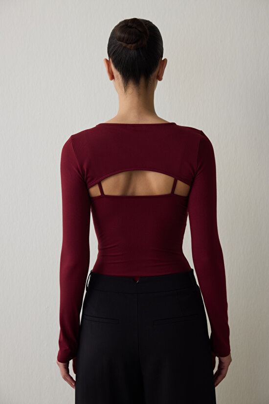 Burgundy Crew Neck Long Sleeve Window Detail Bodysuit - 10